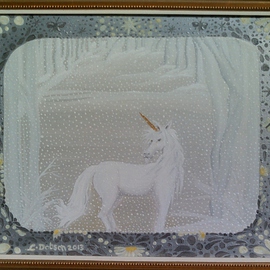 Cathy Dobson: 'Magic Unicorn', 2013 Oil Painting, Magical. Artist Description: Original Illuminous Oil Paintingfrom The Butterflies and Unicorns Collection.  Rare Magic Unicorn in the snow Glows in the dark.Incredible gold and white wooden frame. ...