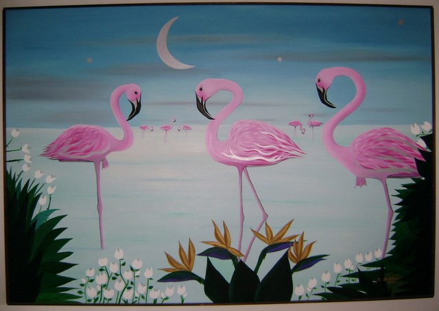 Artist Cathy Dobson. 'Pink Flamingos' Artwork Image, Created in 1987, Original Painting Oil. #art #artist