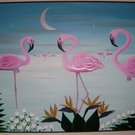 Cathy Dobson: 'Pink Flamingos', 1987 Oil Painting, Birds. Artist Description:   In The Wild Collection....