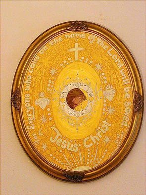Cathy Dobson: 'Romans 10 13', 1995 Oil Painting, Biblical. Oval golden wooden framed illuminated original oil painting with phosphorscent letters and highlights. Blacklight ArtWork. Painting of Jesus Christ. Features Bible quote