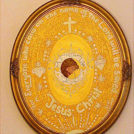 Cathy Dobson: 'Romans 10 13', 1995 Oil Painting, Biblical. Artist Description: Oval golden wooden framed illuminated original oil painting with phosphorscent letters and highlights. Blacklight ArtWork. Painting of Jesus Christ. Features Bible quote