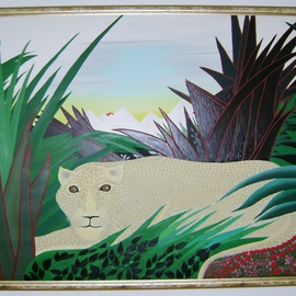 Cathy Dobson: 'Snow Leopard', 1990 Oil Painting, Cats. Artist Description: Original Illuminated Phosphorescent Snow Leopard oil painting.The cat glows in the dark.  Beautifully framed.In the Wild Collection....