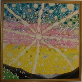 Cathy Dobson: 'Spaceships', 1994 Oil Painting, Cosmic. Artist Description:   Cosmic Collection.Partly primed and unprimed linen canvaswith highlights that glow in the dark.Original Illuminated Oil Painting....