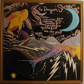 Cathy Dobson: 'The Dragon Shrine Cafe', 1994 Oil Painting, Magical. Artist Description: Original Illuminated Oil Painting from the Cosmic Collection. My Masterpiece.Textured primed and unprimed linen canvas with highlighted phosphorescent cosmic elements and menu that glow in the dark or under blacks. Feature Wise and Wonderful Magical Mermaids....