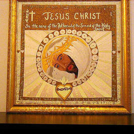 Cathy Dobson: 'The Lords Prayer', 1995 Oil Painting, Christian. Artist Description: An original Black light Oil Painting Artwork. Letters from The Lords Prayer  wrap around painting of Jesus Christ and glow in the dark or under black lights. Gold wooden frame. Textured partly primed and unprimed linen canvas.Silver and Gold Icon Collection.Fantastic....