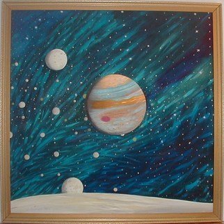 Cathy Dobson: 'The Moons Of Jupiter', 1994 Oil Painting, Astronomy. Cosmic Collection. Original Illuminated Oil Painting. Textured partly primed and unprimed linen canvas. Highlights glow in the dark or under black lights....
