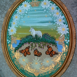 Cathy Dobson: ' Magic', 2013 Oil Painting, Magical. Artist Description: Original Illuminous Oval Oil Paintingfrom The Butterflies and Unicorns Collection.  With phosphorescent highlights that glow in the dark.Gold wooden frame....
