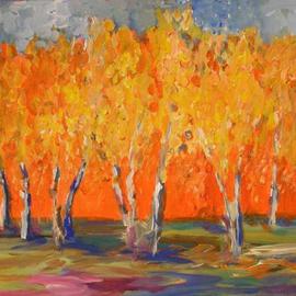Roz Zinns: 'Birches', 2005 Acrylic Painting, Landscape. Artist Description: The warm glow of sunlight pouring through a grove of birches in the Autumn....