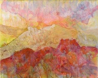 Roz Zinns: 'Dawn', 2007 Mixed Media, Abstract Landscape.  Wonderful pastels in background, with lively reds in foreground.  Lovely interpretation of mountains at dawn. ...