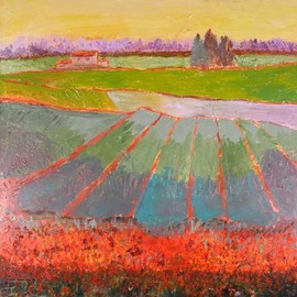 Roz Zinns: 'Strawberry Fields', 2007 Acrylic Painting, Landscape. Artist Description:  Vivid reds outline the strawberry fields in this colorful slightly abstracted landscape ...