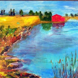 Roz Zinns: 'Summer Blue', 2007 Acrylic Painting, Landscape. Artist Description:  The brilliant color of summer enhances the blue water and the red barn. ...