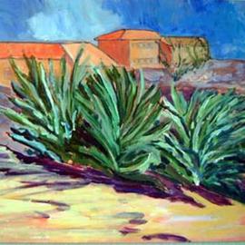 Roz Zinns: 'Three Centuries', 2003 Acrylic Painting, Landscape. Artist Description: Three desert agave plants in a southwest setting of oranges with a bright blue sky. ...