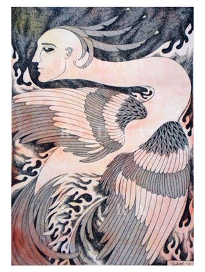 Rudra Kishore Mandal: 'The Phoenix', 2011 Pen Drawing, Mythology.  A symbolic and an anthropomorphic representation of the mythical bird, Phoenix, which is born from its own ashes and hence symbolizes eternity done in pen drawing on watercolor washed drawing paper. ...