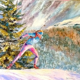 Elena Zorina: 'minute to finish', 2017 Oil Painting, Sports. Artist Description: Skiing, biathlon, skier, snow, winter, mountains, competitions, finish...