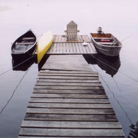 Ruth Zachary: 'Away From It All', 2004 Color Photograph, Boating. Artist Description:  Summer at the lake.  Canoes, the back of an old Adirondack chair on wooden dock. Tranquility, nostalgia. Belgrade Lakes, Maine.  11 x 14