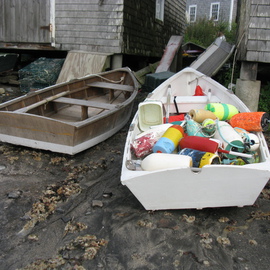 Ruth Zachary: 'Fishermans Jumble', 2012 Color Photograph, Seascape. Artist Description: An almost black and white image popped with colorful lobstermen' s buoys.  Traditional skiffs, row boats on Fish Beach, Monhegan Island, Maine. Larger sizes available ( 11 x 14, $98) ....