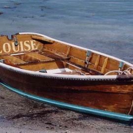 Ruth Zachary: 'Louise', 2004 Color Photograph, Boating. Artist Description:  Beautiful wooden skiff on Fish Beach, Monhegan Island, Maine. Note the classy contrasting aqua/ turquoise blue stripe.  Christened LOUISE.  5 x 7 in an 11 x 14 acid free mat.  Signed and titled.  Larger size available. Enjoy! ...