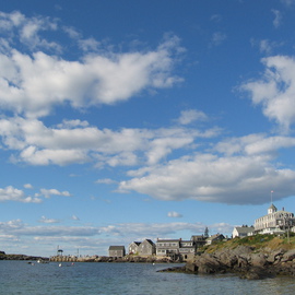 Ruth Zachary: 'Monhegan Sky', 2012 Color Photograph, Seascape. Artist Description: Great big puff clouds in blue, blue sky over Monhegan Island, Maine harbor and dock, Island Inn.  Larger size available ( 11 x 14, $98) ....