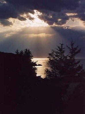 Ruth Zachary: 'Night Shine', 2012 Color Photograph, Sky. A rare sunset sky, rays bursting amid clouds of gray, over silver sea, trees in silhouette. ...