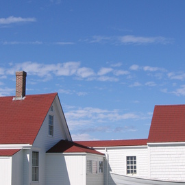 Ruth Zachary: 'Sky Over Keepers House', 2012 Color Photograph, Landscape. Artist Description: The original light house keeper' s house on Monhegan Island, Maine, still stands.  Red and white; shapes and angles; light and shadows.  Big blue sky.  Larger size available ( 11 x 14, $98)...