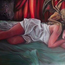 Dorina Pantea: 'the nightmare', 2021 Oil Painting, Obsessive. Artist Description: The Nightmare is a painting inspired by the painting The Nightmare by Henry Fuseli.  The painting is a modern and contemporary reinterpretation of the painting The Nightmare by Henry Fuseli.  It shows a woman in deep sleep with her arms retracted below her head and with a demonic ...