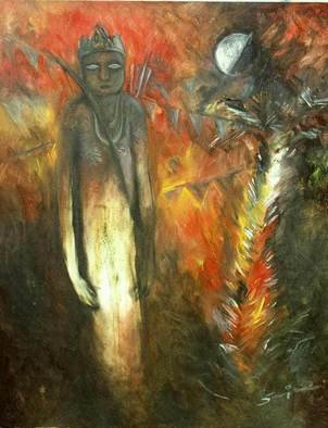 Sajal Patra: 'SHIKARI', 2007 Oil Painting, Abstract Figurative.  based on tribal theme of India. ...