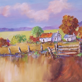 Louis Pretorius: 'Fence Cottages', 2017 Oil Painting, Landscape. Artist Description: cottages, rural , rustic, brown, landscape, mountain, clouds, trees...