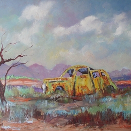 Louis Pretorius: 'This is no Yellow Submarine', 2017 Oil Painting, Landscape. Artist Description:  landscape, old car, tree, clouds, yellow, flowers, mountain...
