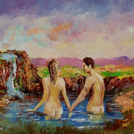 Louis Pretorius: 'This is the way to cool it Baby', 2017 Oil Painting, Landscape. Artist Description: figures, light, blue, yellow, brown, clouds, nudes, waterfall, rocks...