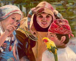 Sally Arroyo: 'RENAISSANCE TRIO WITH BABY PARROT ', 2015 Oil Painting, People.  COLORFUL COSTUMED CHARACTERS  ENGAGED  IN YOUNG BOY WITH PARROT ON SHOULDER, YOUNG WOMAN TEASING PARROT WITH TWIG BASED ON RENAISSANCE FAIR IN LAKE TAHOE FOREST, COURT JESTER ONLOOKING THE ENCOUNTER.  Size 24