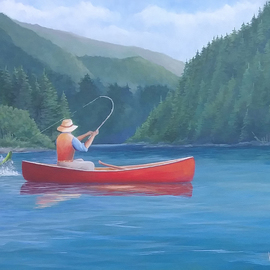 Michael Laing: 'The strike', 2018 Acrylic Painting, Boating. Artist Description: Romantic look at the peaceful solitude of fishing. ...