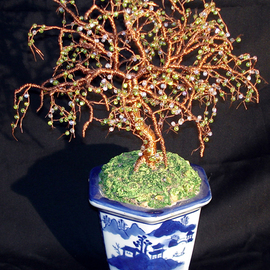 Sal Villano: 'beaded bonsai wire sculpture', 2017 Mixed Media Sculpture, Trees. Artist Description: Beaded Bonsai, Beaded Wire Tree Sculpture9 wide x 12 high x 7 deep. The tree is made of 18   26 solid copper wire. The branches and twigs contain hundreds of clear tiny glass fringe beads. Each glass bead is interwoven into wire giving the structure of the ...