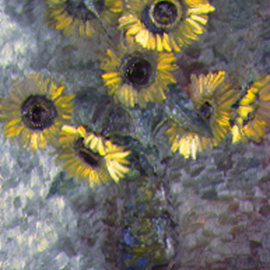 Sallyann Mickel: 'sunflowers', 2023 Oil Painting, Floral. Artist Description: Moody painting of sunflower Blossoms...