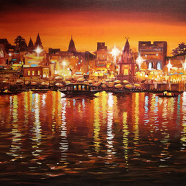 Samiran Sarkar: 'beauty of evening varanasi', 2020 Acrylic Painting, Cityscape. Artist Description: Beauty of Night Varanasi Ghats is a colorful bright light   spectacular bright lights, lamps reflection on Holy Ganges. One of the beautiful Night Ghats of the Varanasi is the main composition of this painting. ...