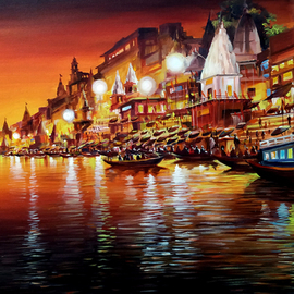 Samiran Sarkar: 'bright night varansi', 2019 Acrylic Painting, Cityscape. Artist Description: Beauty of Evening Varanasi Ghats is one of the evening ghats at Varanasi. Acrylic on Canvas painting. ...