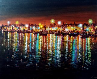 Samiran Sarkar: 'colorful night varanasi ghats', 2021 Acrylic Painting, Cityscape. Colorful Night Varanasi Ghats is a acrylic on canvas painting. Beauty of Colorful Night lights , Temples   reflections on Holy Ganges water are main composition   point of interest of this painting. Night colorful atmosphere in Varanasi ghats. ...