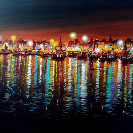 Samiran Sarkar: 'colorful night varanasi ghats', 2021 Acrylic Painting, Cityscape. Artist Description: Colorful Night Varanasi Ghats is a acrylic on canvas painting. Beauty of Colorful Night lights , Temples   reflections on Holy Ganges water are main composition   point of interest of this painting. Night colorful atmosphere in Varanasi ghats. ...
