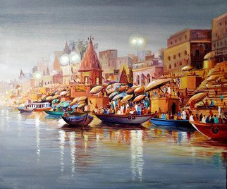 Samiran Sarkar: 'evening varanasi ghats', 2020 Acrylic Painting, Cityscape. Monsoon Evening Varanasi Ghats is one of the busy Varanasi Ghats with boats , Pilgrims, Temples and Holy Ganges are the main composition of this painting. Acrylic on canvas painting...