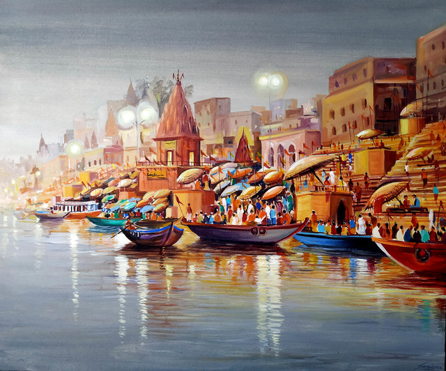 Samiran Sarkar  'Evening Varanasi Ghats', created in 2020, Original Painting Acrylic.