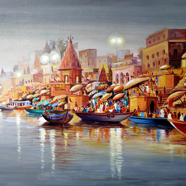 Samiran Sarkar: 'evening varanasi ghats', 2020 Acrylic Painting, Cityscape. Artist Description: Monsoon Evening Varanasi Ghats is one of the busy Varanasi Ghats with boats , Pilgrims, Temples and Holy Ganges are the main composition of this painting. Acrylic on canvas painting...