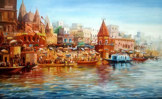 Samiran Sarkar: 'morning varanasi ghat', 2020 Acrylic Painting, Cityscape. Morning Varanasi Ghat  at Morning is one of the morning busy colorful landscape painting. Acrylic on canvas painting...