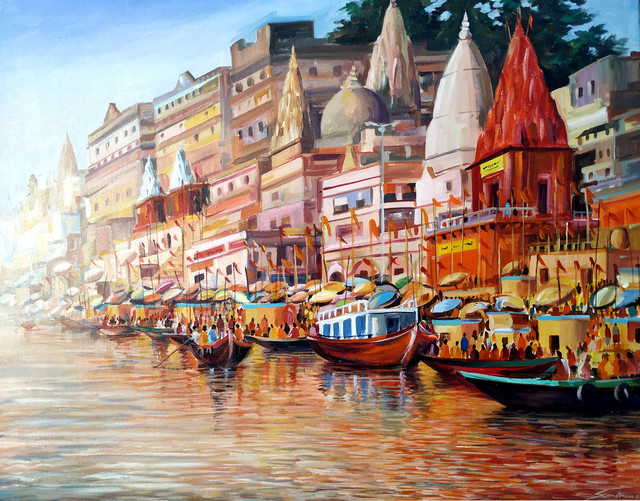 Samiran Sarkar  'Morning Varanasi Ghat', created in 2020, Original Painting Acrylic.