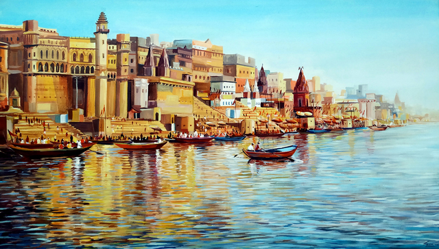 Samiran Sarkar  'Morning Varanasi Ghats', created in 2021, Original Painting Acrylic.