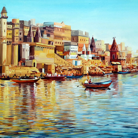 Samiran Sarkar: 'morning varanasi ghats', 2021 Acrylic Painting, Cityscape. Artist Description: Morning Reflections Varanasi Ghats is one of the Beautiful corner of Varanasi Ghats reflections on holy Ganga river water. Beautiful Architectures , Temples , Boats, People are main composition of this Semi realistic Acrylic on Canvas painting. ...