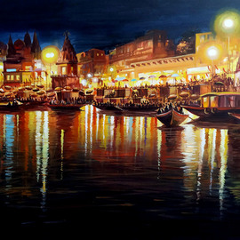 Samiran Sarkar: 'night in varanasi', 2021 Acrylic Painting, Cityscape. Artist Description: Night In Varanasi is a beauty of Night light reflections on Holy Ganges . Acrylic on Canvas painting. ...
