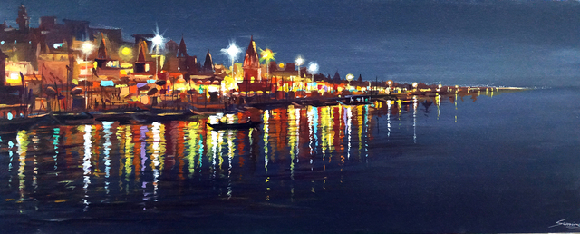 Samiran Sarkar  'Night Vranasi', created in 2021, Original Painting Acrylic.
