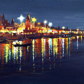 Samiran Sarkar: 'night vranasi', 2021 Acrylic Painting, Cityscape. Artist Description: Night Varanasi City is one of the night city ghats at Varanasi. Acrylic on canvas painting.  ...