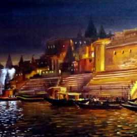 Samiran Sarkar: 'silent night varanasi', 2021 Acrylic Painting, Landscape. Artist Description: Silent Night Varanasi one spectacular silent night Varanasi ghats scene. Acrylic on canvas painting. ...
