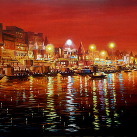 Samiran Sarkar: 'varanasi at night', 2021 Acrylic Painting, Cityscape. Artist Description: The nightscape of Varanasi Ghat is stunning. The beautiful series of lights which are spread through the 88 ghats is like music. The vibrancy that is derived from the light through the reflection of it on the banks of River Ganges. The Artist illustrates all of them at ...