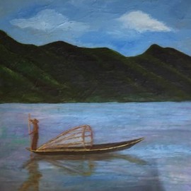 Sandra Tingalay: 'lake placid and leg rowers x', 2021 Acrylic Painting, Nature. Artist Description: I like the scenery from Lake Placid, Inn Lay, Myanmar.I value their traditional fishing style and leg rowing.I love their fishing boats.I amaze their ridges of mountains.I mesmerize the naturally- grown flowers, trees, and water lilies etc.The combination of all these valuable scenes ...